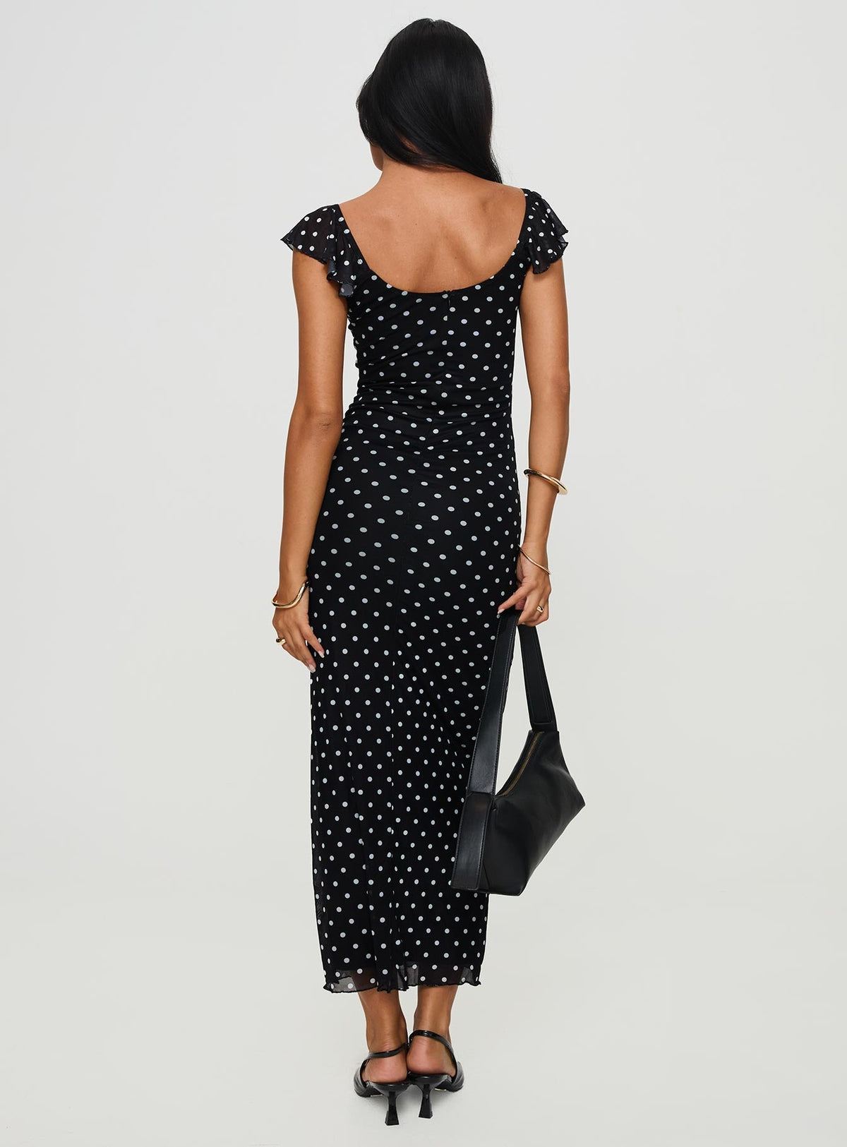 Aderyn Black Dress with Polka Dots and Boat Neckline