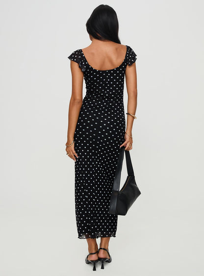 Aderyn Black Dress with Polka Dots and Boat Neckline