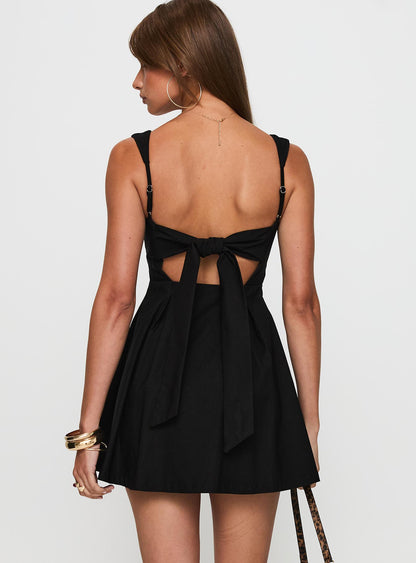 Viveca Black Mini Dress with Square Neck and Tie Back