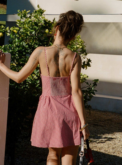 Eulalie Red Dress with Gingham Check and Corset Bodice