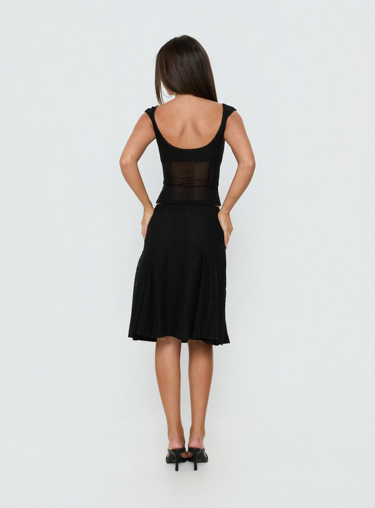 Emmy Black Skirt with Lace Panels and Midi Length