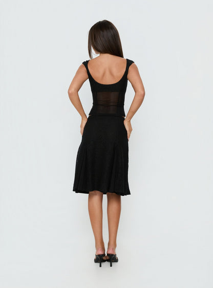 Emmy Black Skirt with Lace Panels and Midi Length