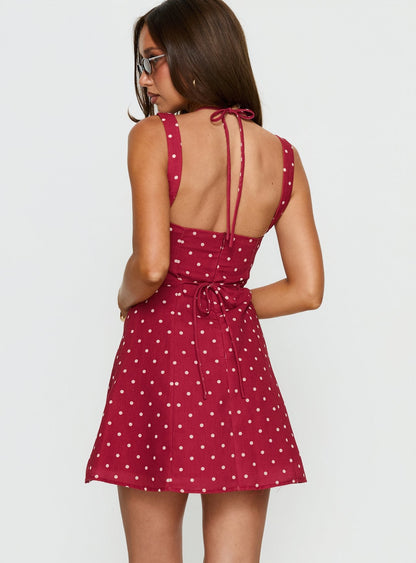 Madeline Red Dress with Polka Dots and Halter Neckline