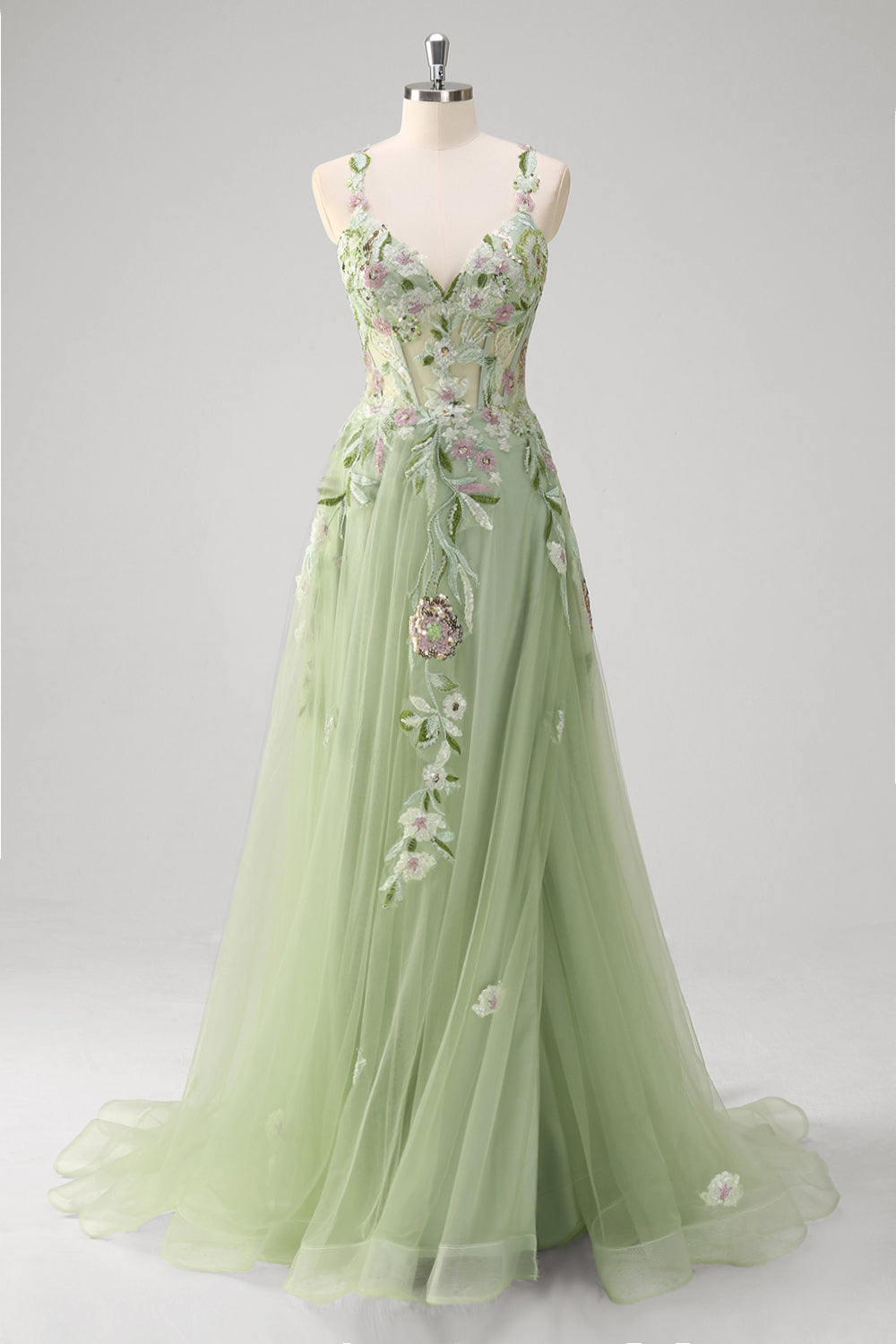 Fiona Green Dress with Floral Applique and Corset Bodice
