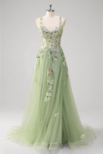 Fiona Green Dress with Floral Applique and Corset Bodice