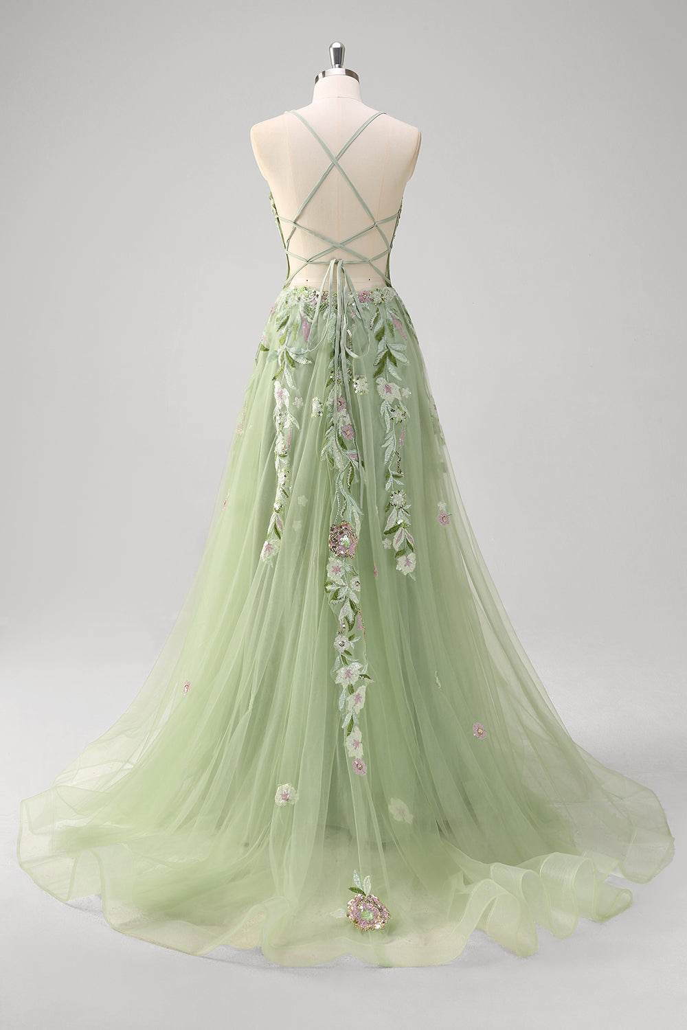 Fiona Green Dress with Floral Applique and Corset Bodice