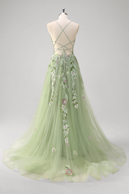 Fiona Green Dress with Floral Applique and Corset Bodice