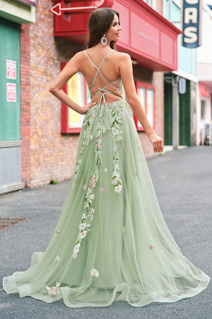 Fiona Green Dress with Floral Applique and Corset Bodice