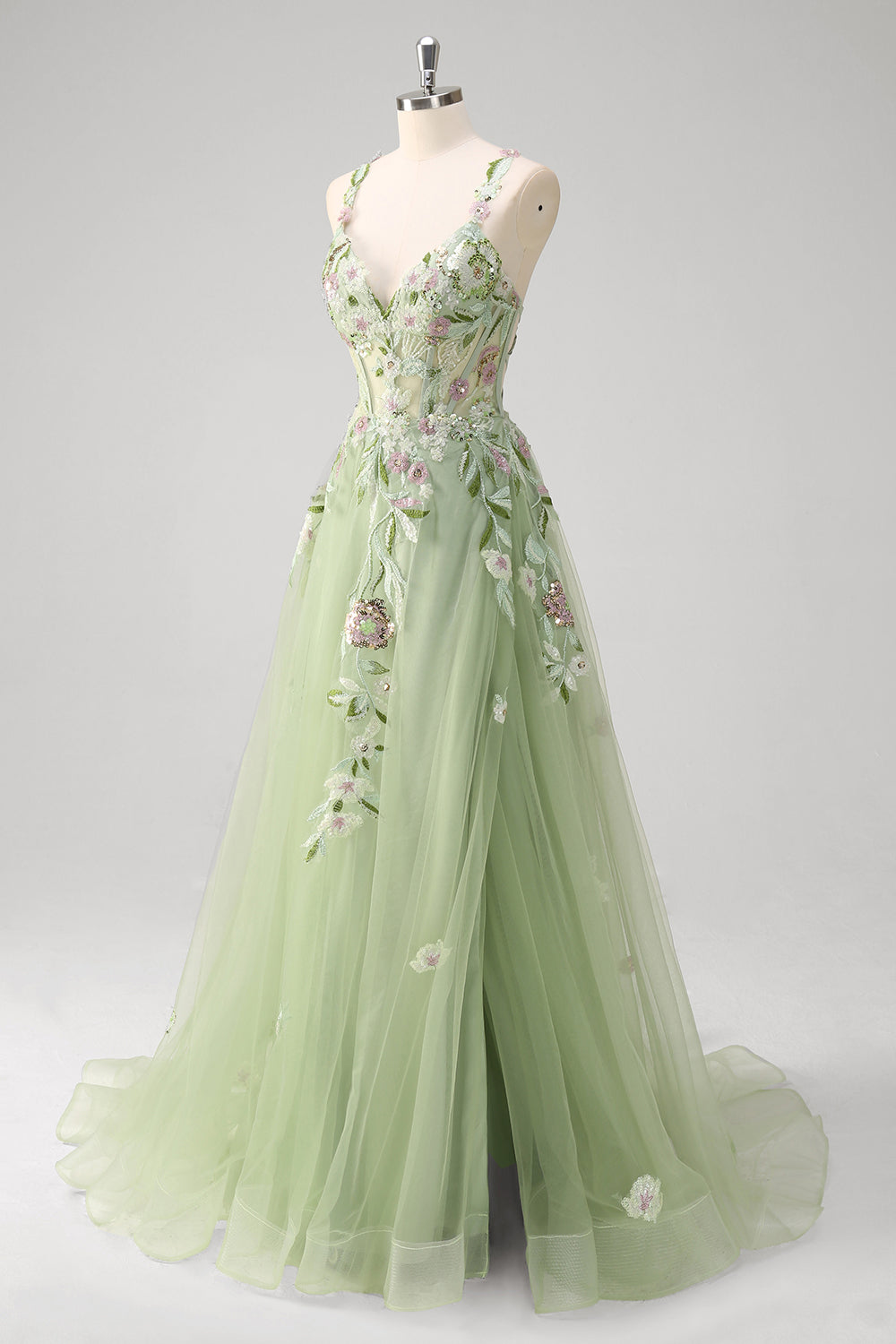 Fiona Green Dress with Floral Applique and Corset Bodice