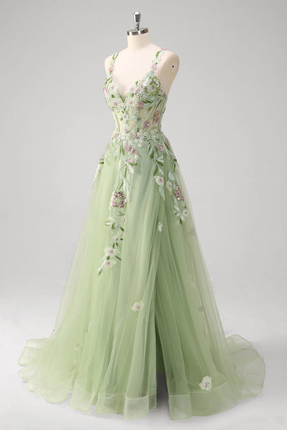 Fiona Green Dress with Floral Applique and Corset Bodice