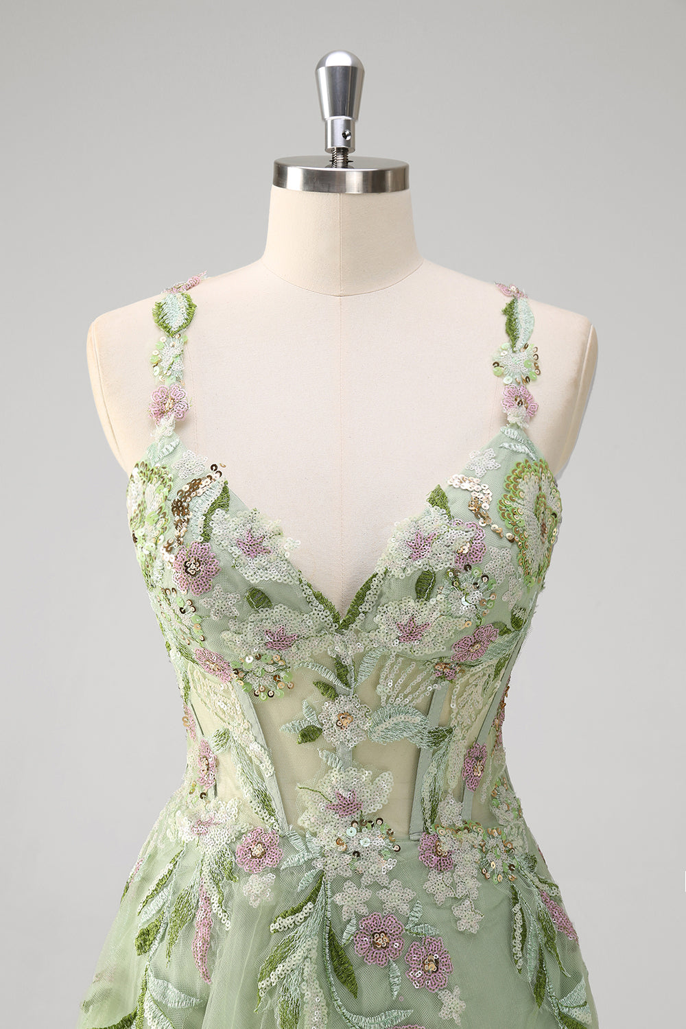 Fiona Green Dress with Floral Applique and Corset Bodice