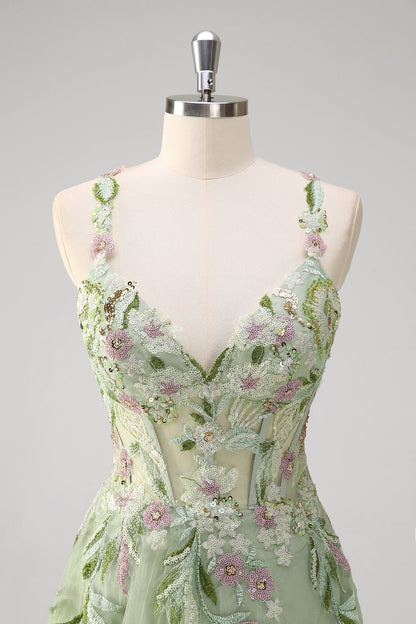 Fiona Green Dress with Floral Applique and Corset Bodice