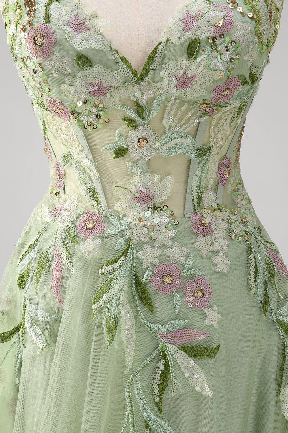 Fiona Green Dress with Floral Applique and Corset Bodice