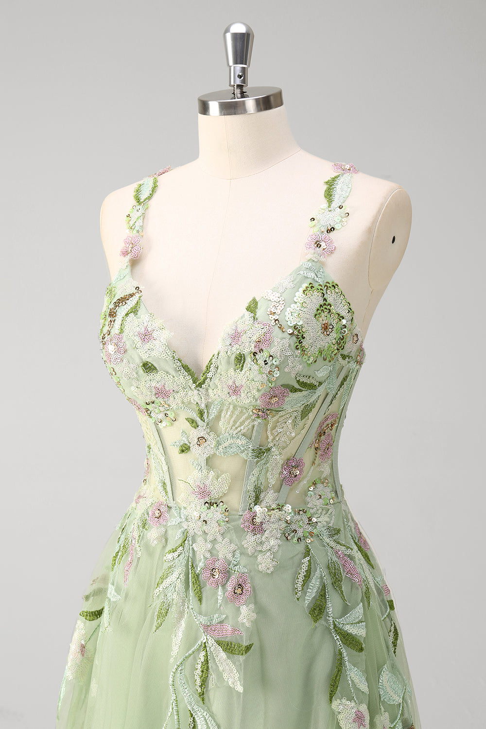 Fiona Green Dress with Floral Applique and Corset Bodice