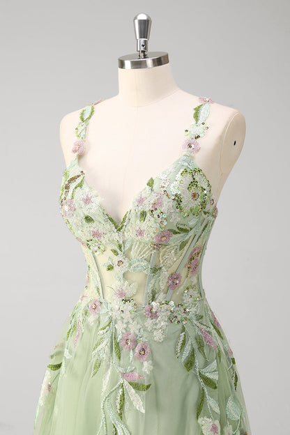 Fiona Green Dress with Floral Applique and Corset Bodice