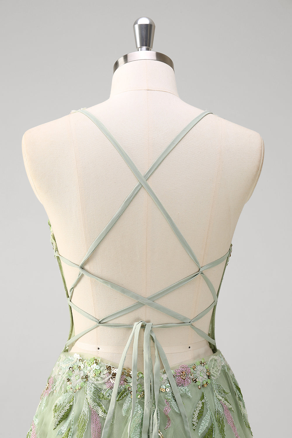 Fiona Green Dress with Floral Applique and Corset Bodice