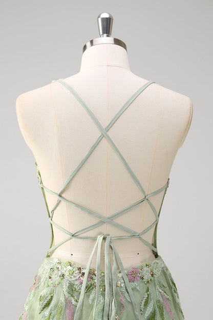 Fiona Green Dress with Floral Applique and Corset Bodice