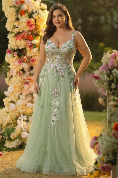 Fiona Green Dress with Floral Applique and Corset Bodice