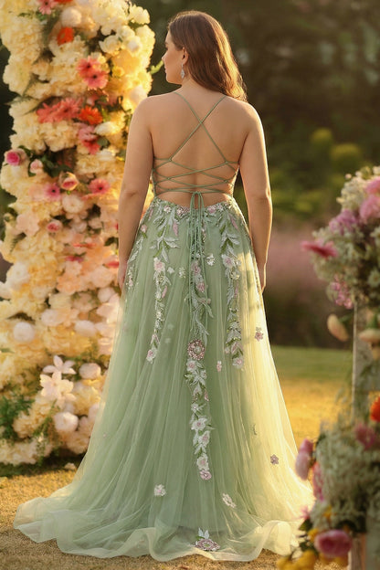 Fiona Green Dress with Floral Applique and Corset Bodice