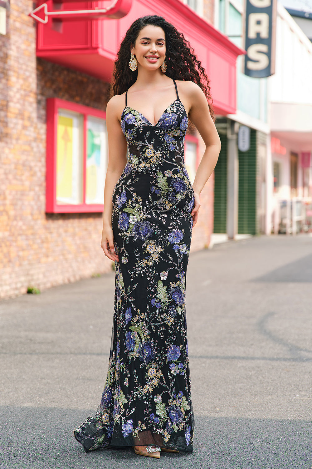 Sylvia Sequin Dress with Floral Applique and Mermaid Hem