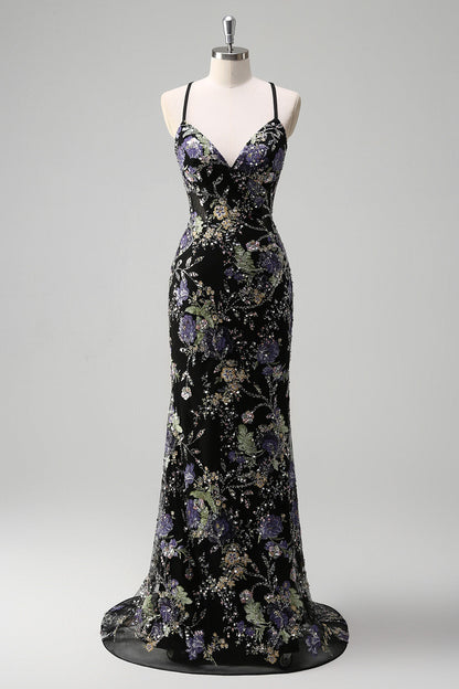 Sylvia Sequin Dress with Floral Applique and Mermaid Hem