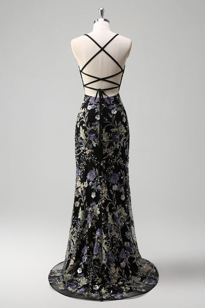 Sylvia Sequin Dress with Floral Applique and Mermaid Hem