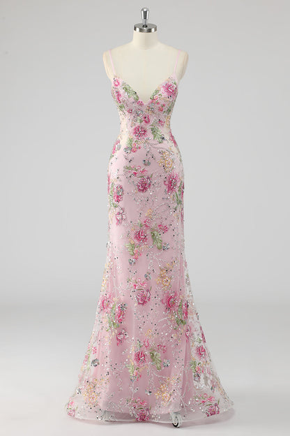 Sylvia Sequin Dress with Floral Applique and Mermaid Hem