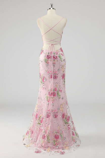 Sylvia Sequin Dress with Floral Applique and Mermaid Hem