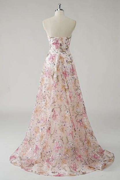 Siobhan Sequin Dress with Floral Detail and Strapless Neck