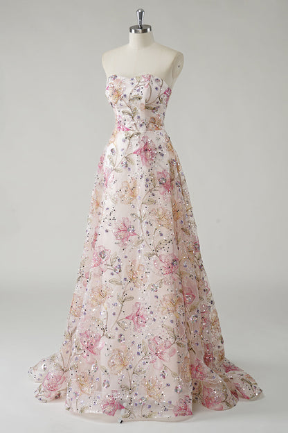 Siobhan Sequin Dress with Floral Detail and Strapless Neck