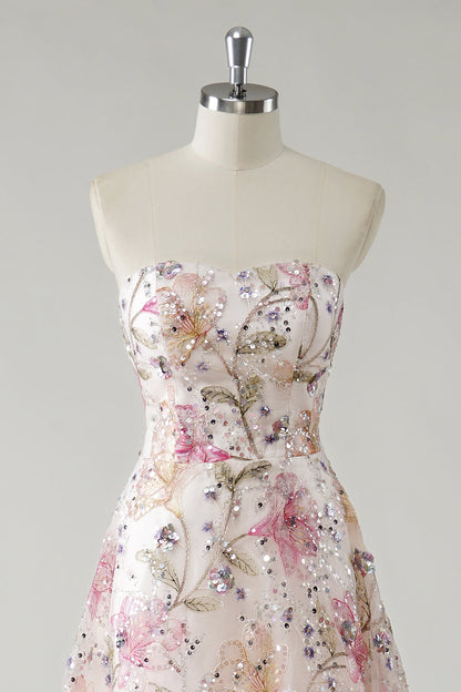 Siobhan Sequin Dress with Floral Detail and Strapless Neck