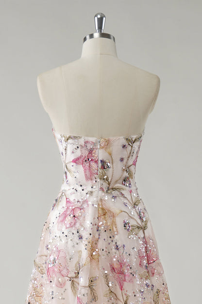 Siobhan Sequin Dress with Floral Detail and Strapless Neck