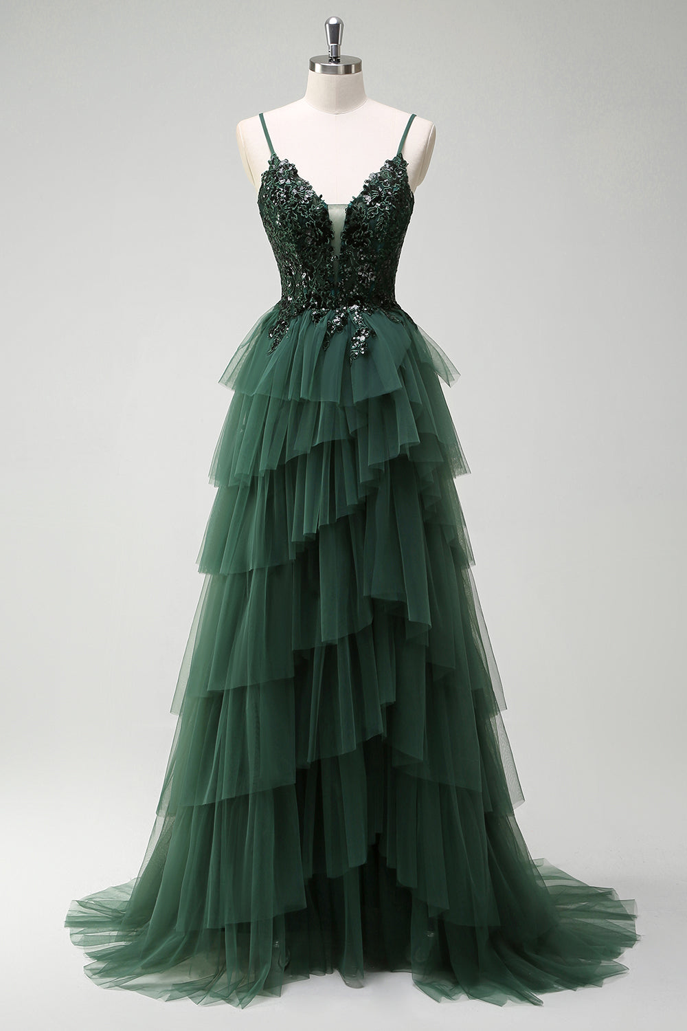 Franca Green Dress with Tiered Tulle and Corset Bodice