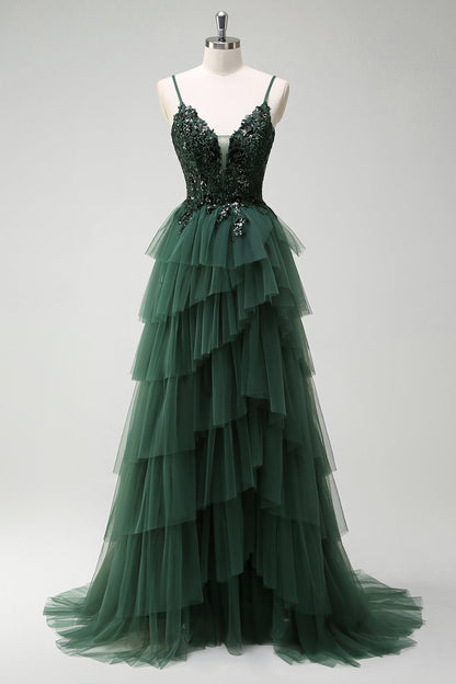 Franca Green Dress with Tiered Tulle and Corset Bodice