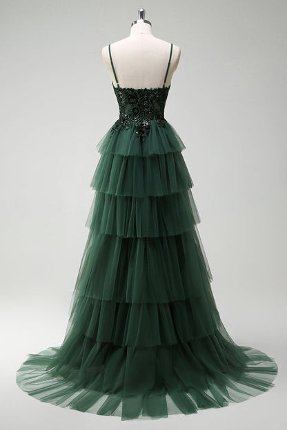 Franca Green Dress with Tiered Tulle and Corset Bodice