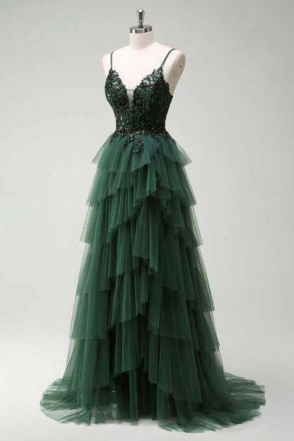 Franca Green Dress with Tiered Tulle and Corset Bodice