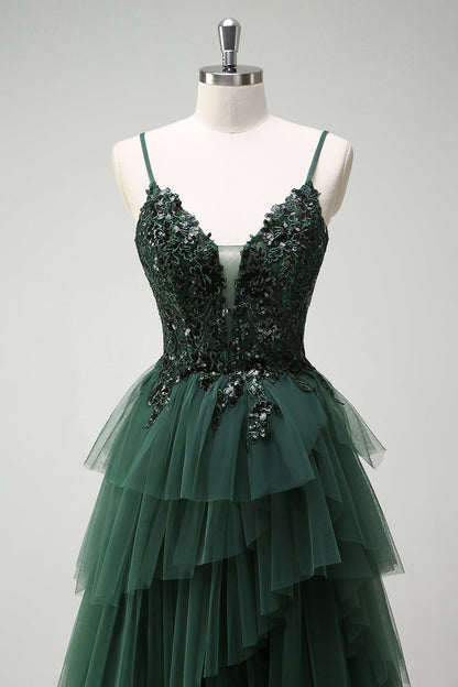 Franca Green Dress with Tiered Tulle and Corset Bodice