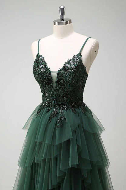 Franca Green Dress with Tiered Tulle and Corset Bodice