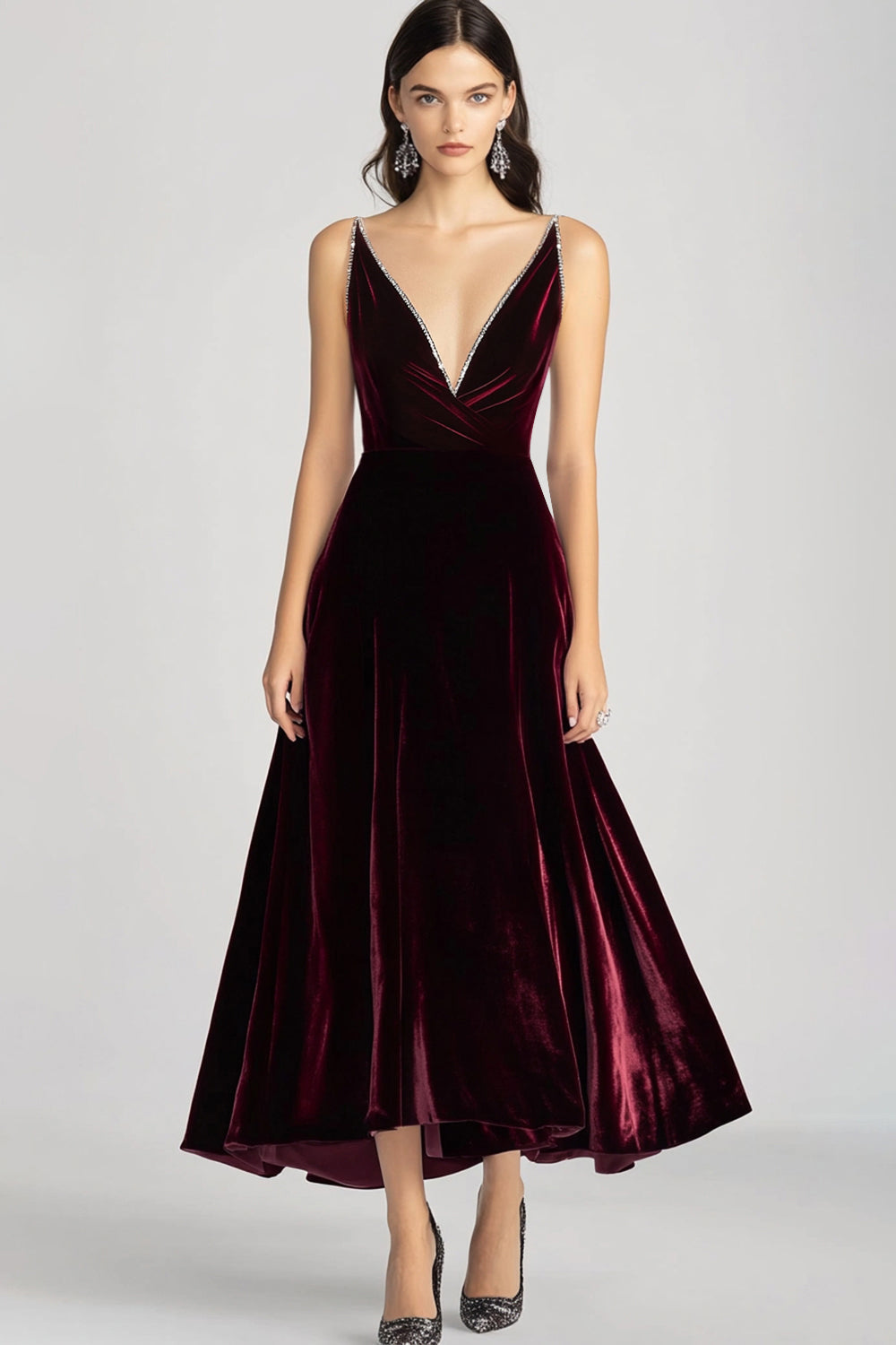 Dorothea Velvet Dress with V Neck and Full Midi Skirt