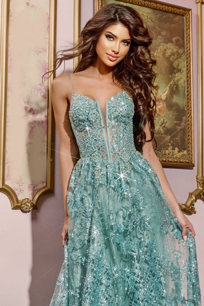 Melisande Formal Dress with Beaded Lace and A-Line Skirt