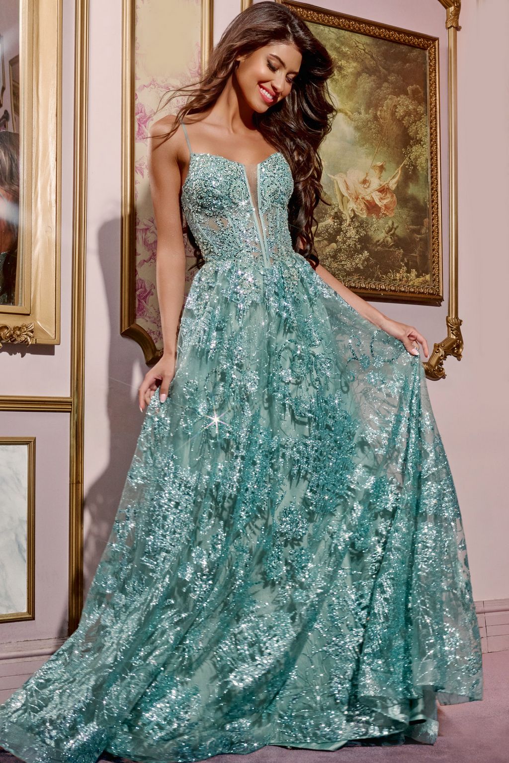 Melisande Formal Dress with Beaded Lace and A-Line Skirt