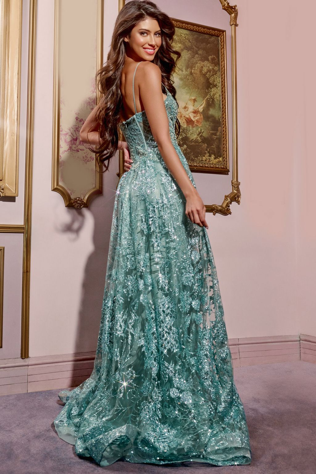 Melisande Formal Dress with Beaded Lace and A-Line Skirt