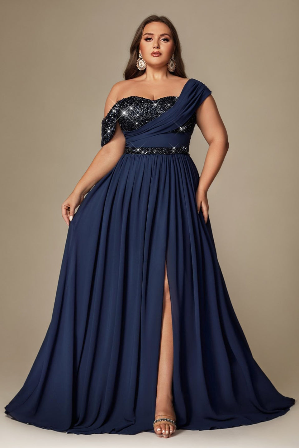 Ottilie Sequin Dress with Off-Shoulder Neck and Side Slit