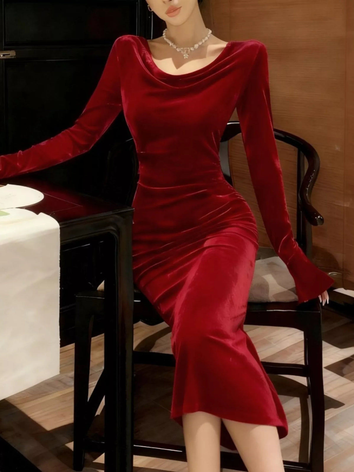 Isolde Velvet Dress with Cowl Neck and Long Sleeves