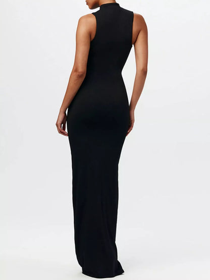 Elin Black Dress with Mock Neck and Knot Front