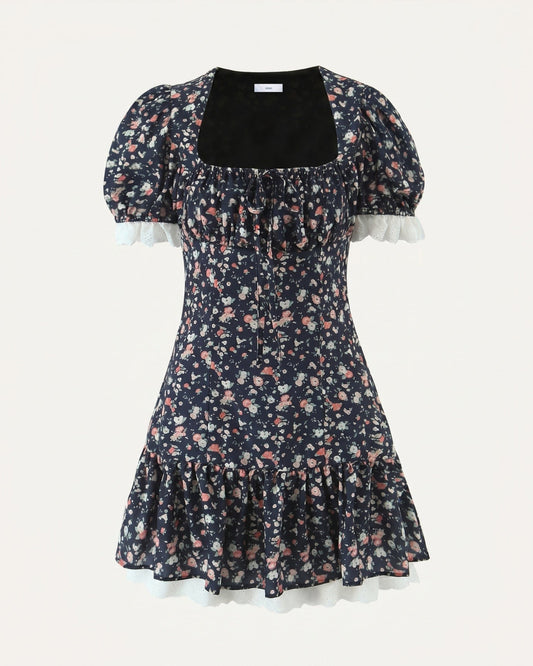 Leandra Black Dress with Floral Lace and Puff Sleeves