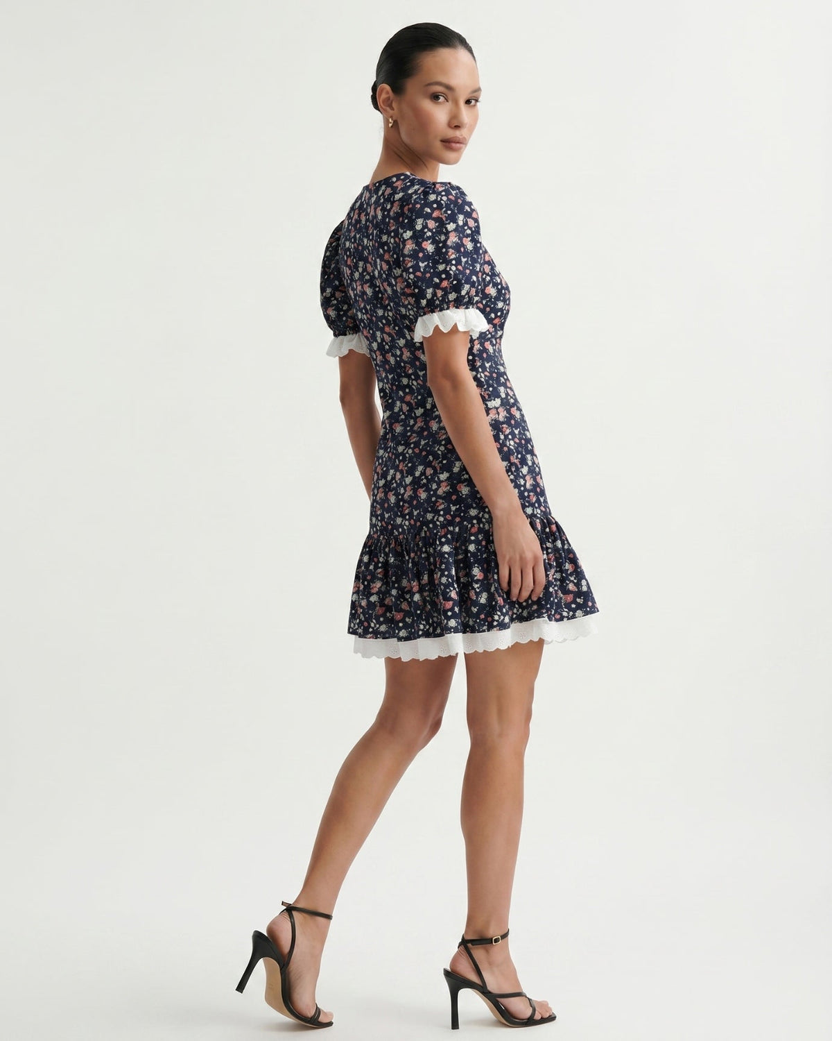 Leandra Black Dress with Floral Lace and Puff Sleeves