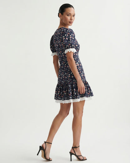 Leandra Black Dress with Floral Lace and Puff Sleeves