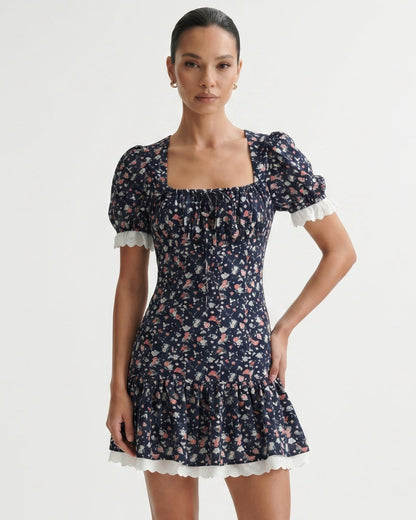 Leandra Black Dress with Floral Lace and Puff Sleeves