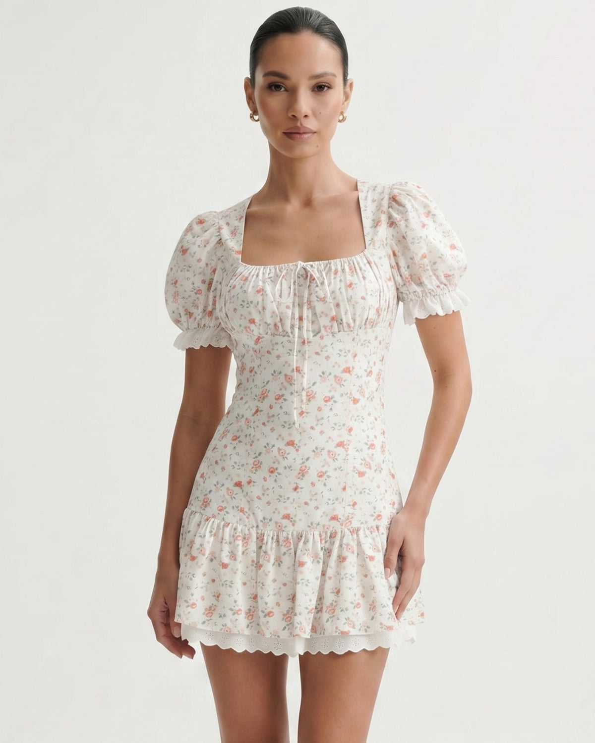 Leandra Black Dress with Floral Lace and Puff Sleeves